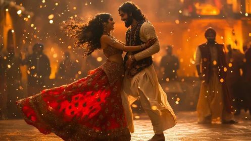 Couple Dancing in Golden Firelight Celebration.