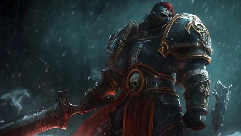 Armored warlord stands in rain with two-handed sword and skull sigil