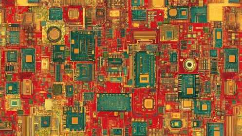 Dense abstract circuit board pattern in warm colors.