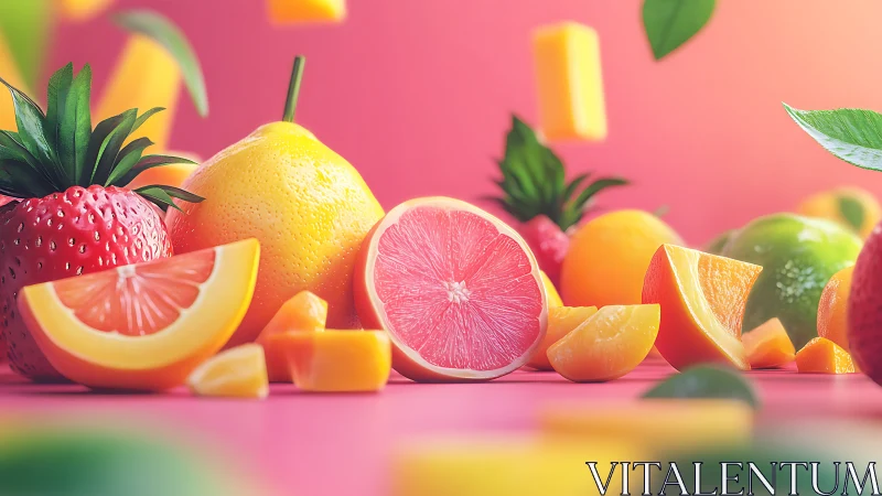Juicy citrus and berries pop against vibrant pink backdrop.