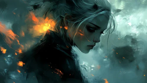 Side profile of woman amid teal smoke and orange sparks.