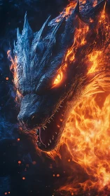Flaming dragon head erupts from darkness with blazing fury