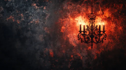 Ornate Iron Chandelier Suspended Against Turbulent Fire-Lit Textured Background