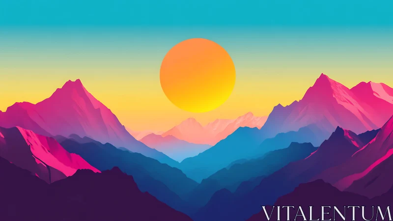 Layered mountain silhouettes under large sun disc.