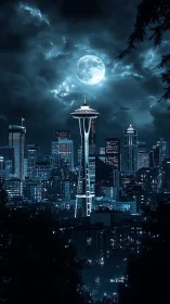 Moonlit Seattle skyline glows under dense storm clouds