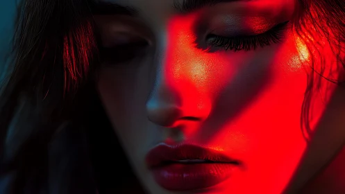 Close-up portrait in intense red and shadowed light.