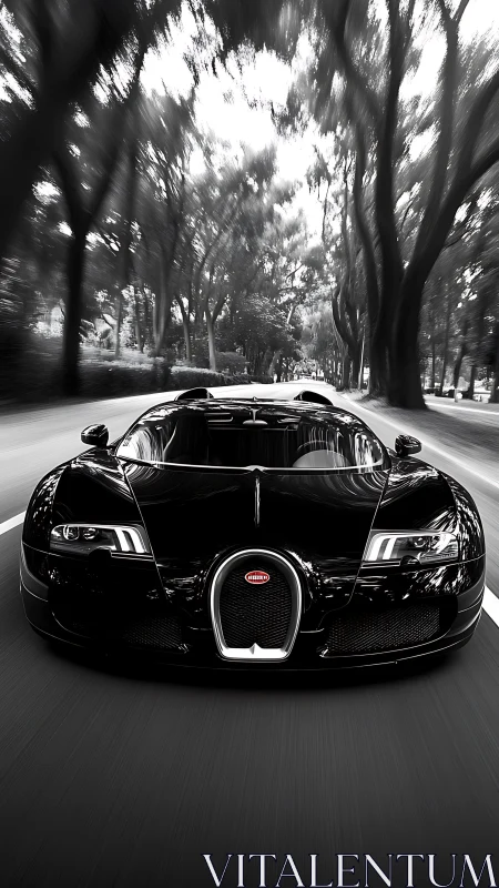 Sleek black supercar gliding through a shaded forest road.
