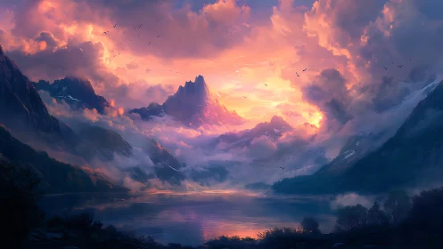 Mountain lake landscape depicts layered clouds and sunset light