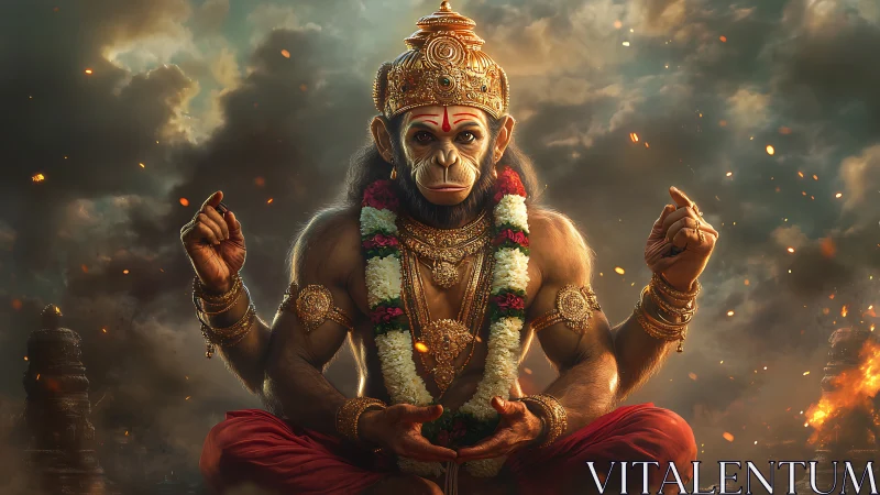 Majestic monkey deity in golden armor against stormy sky.