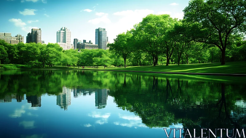 Urban skyline reflects in a calm park lake under clear sky