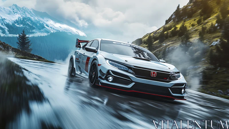 Honda race car drifts on wet mountain road at high speed