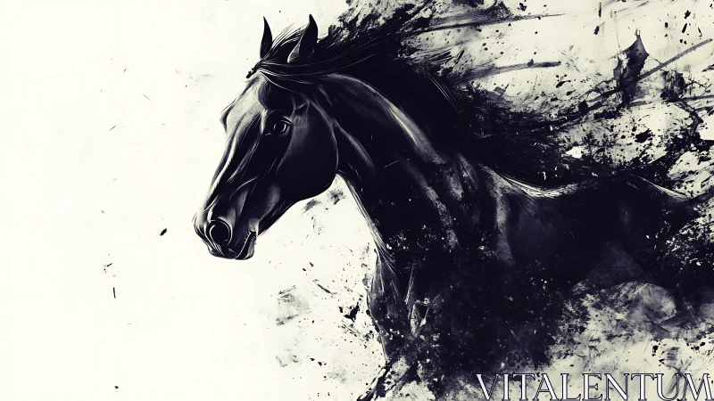 Wild black horse dissolving into expressive ink splashes.