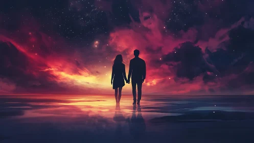 Two silhouettes hold hands beneath cosmic fire sky