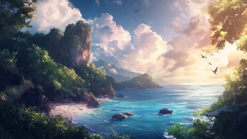 Tropical island cove with limestone cliffs during golden hour.