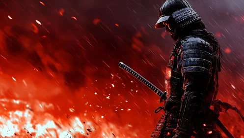 Samurai warrior in rain over burning red battlefield.