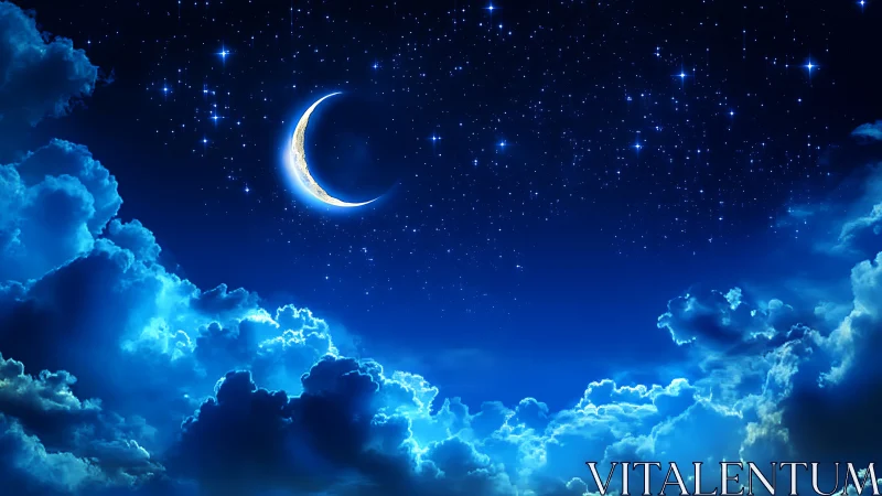 Crescent moon above illuminated clouds in deep blue night sky.