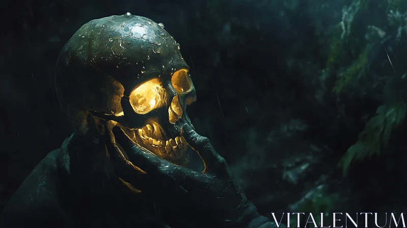 Glowing skull in rainlit forest evokes eerie contemplation.
