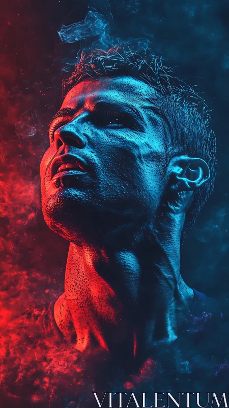 Bicolor rim-lit male portrait merges sculpted form and smoke