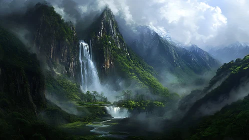 Verdant cliffs cradle a cascading river of drifting mist
