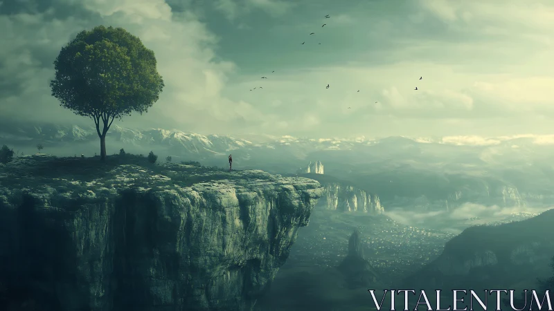 Solitary dreamer on a misty cliff above distant valleys.