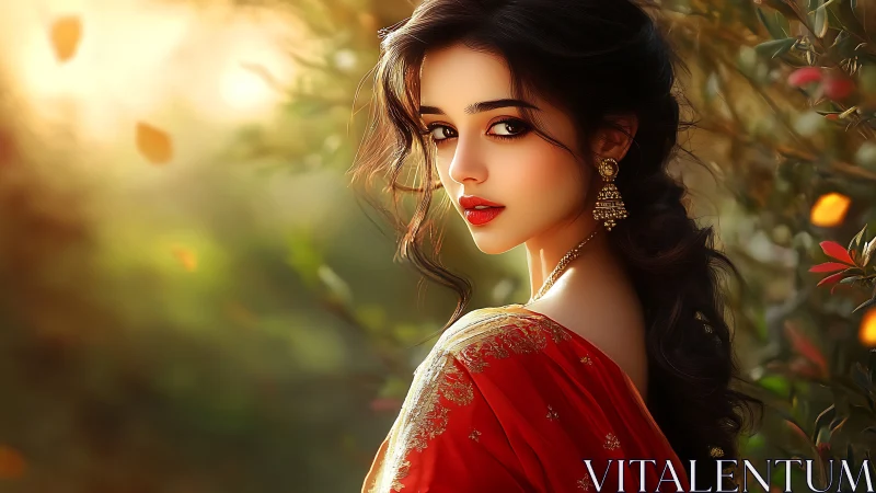 Elegant woman in red sari glows in warm golden sunlight