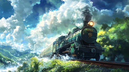 Emerald steam train chasing sunlit clouds across wild hills.