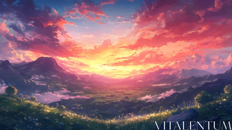 Radiant sunrise pours over tranquil fantasy valley vistas