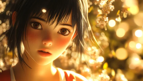 Anime girl close up in warm golden outdoor bokeh light.