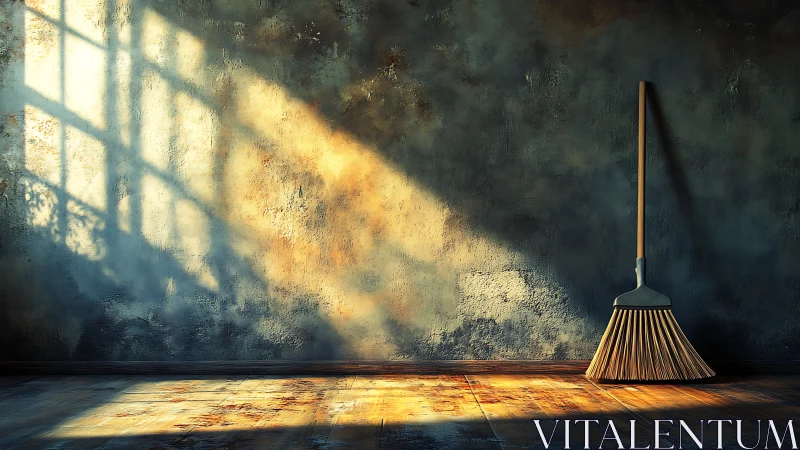 Sunlit textured wall with wooden broom and diagonal shadows.