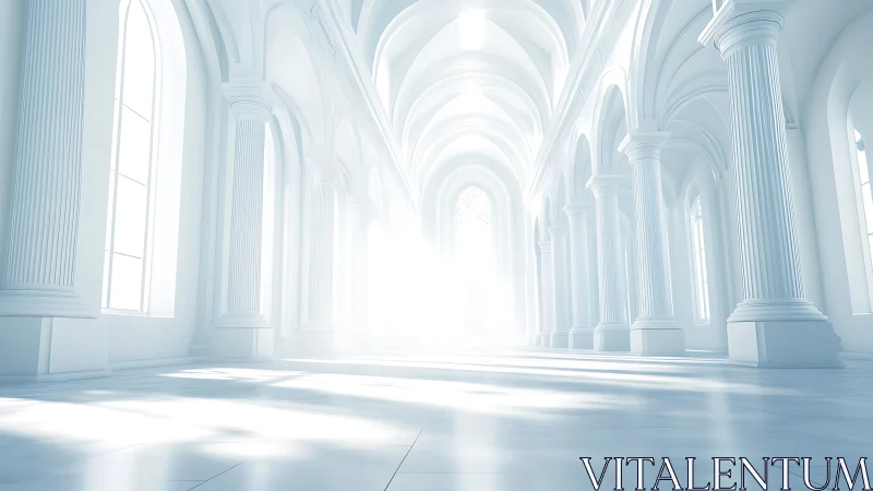 Luminous neoclassical hall with soaring arches in white light.