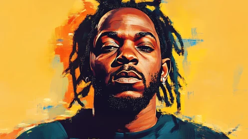 Digital portrait of man with locs on textured yellow ground.