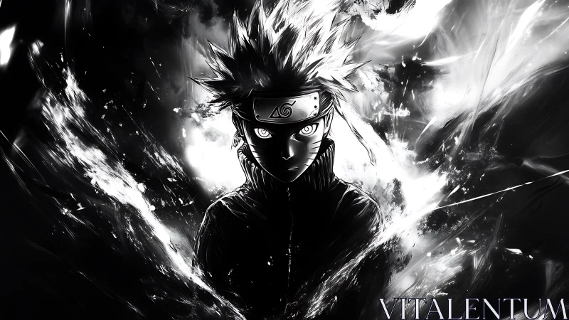 Monochrome anime portrait with explosive radial contrast lines.