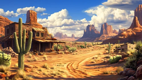 Sunlit desert ghost town resting beneath towering mesas.