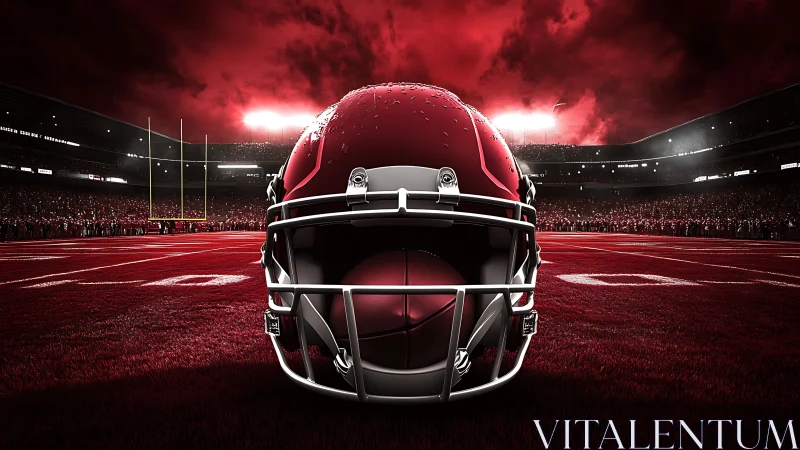 Football helmet dominates red stadium field under stormy sky