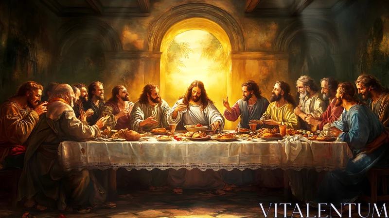 Illuminated final supper tableau in warm sacred glow.