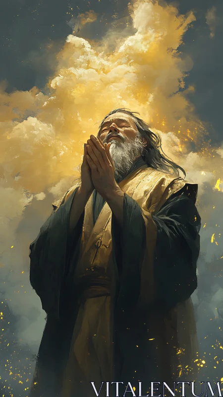 Elderly robed figure in upward pose beneath dense golden cloud.