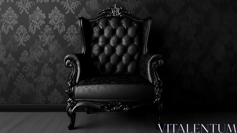 Baroque black leather armchair anchors a dark monochrome interior