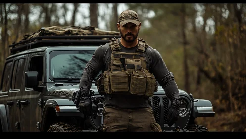 Armed tactical operator stands before rugged off-road Jeep.