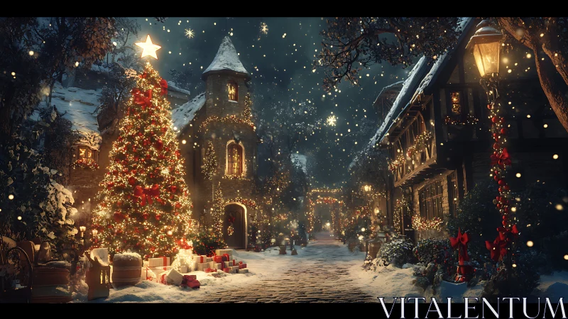 Snow-covered village street showcases illuminated Christmas tree