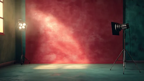 Studio interior with red backdrop and side lighting setup.