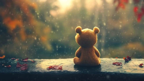 Plush bear observes autumn rain in softly blurred landscape