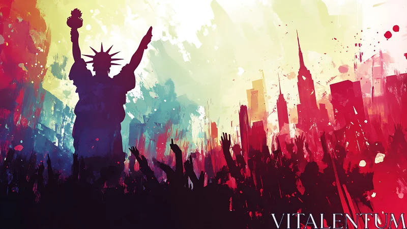 Silhouetted Liberty and crowd contrast against abstract cityscape