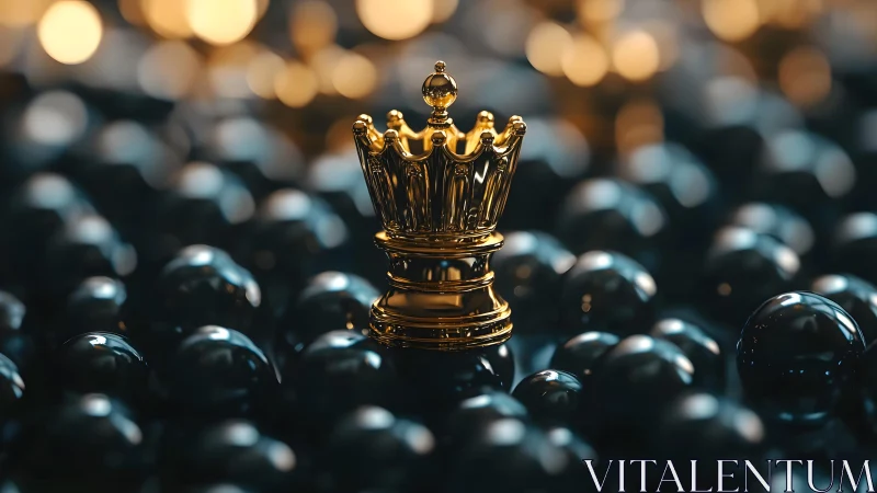 Golden chess queen among black spheres, dramatic lighting, digital art.