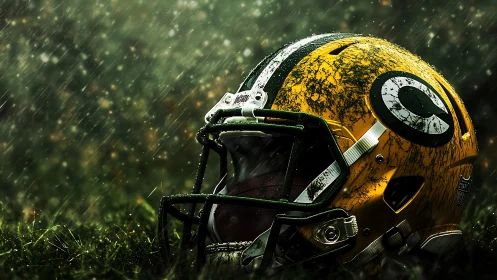 Weather-beaten yellow football helmet rests in pouring rain.