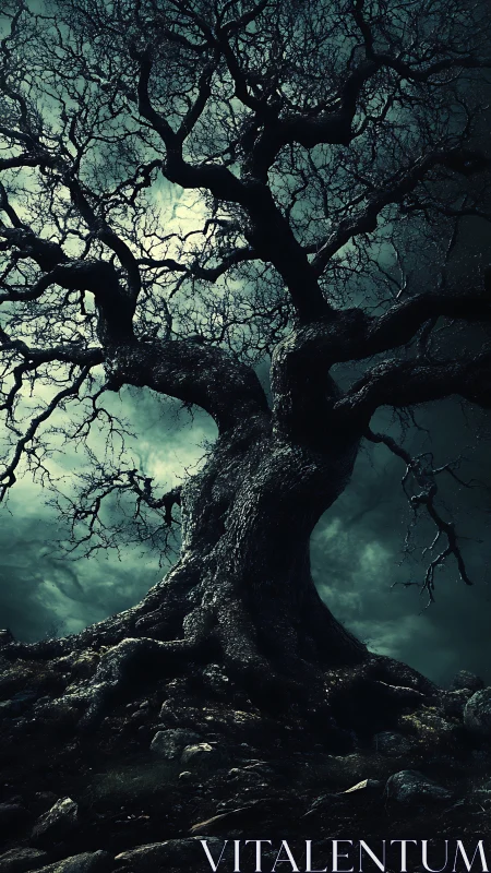 Gnarled dead tree rises against storm-lit nocturnal sky