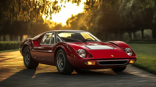 Red mid-century sports coupe on sunlit tree-lined road.