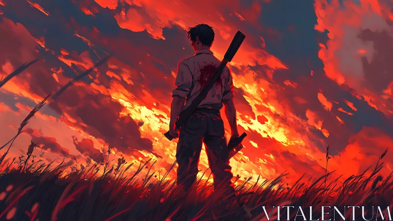 Lone armed figure stands in field before burning red sky