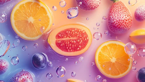 Citrus and berries in water with floating droplets.