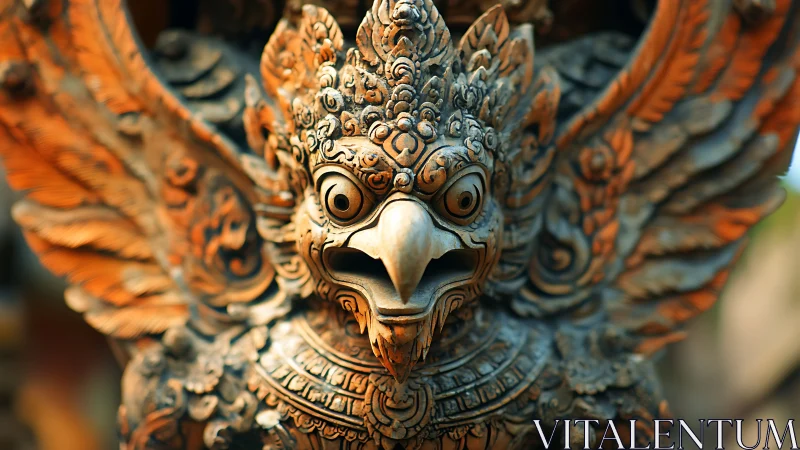 Mythic bird guardian sculpture with intricate carved wings.