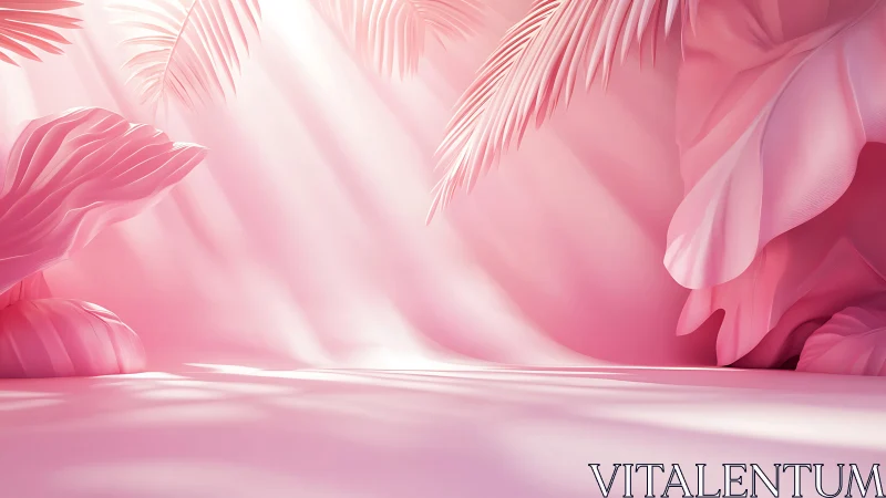 Soft pink palm dreamscape washed in gentle daylight glow.